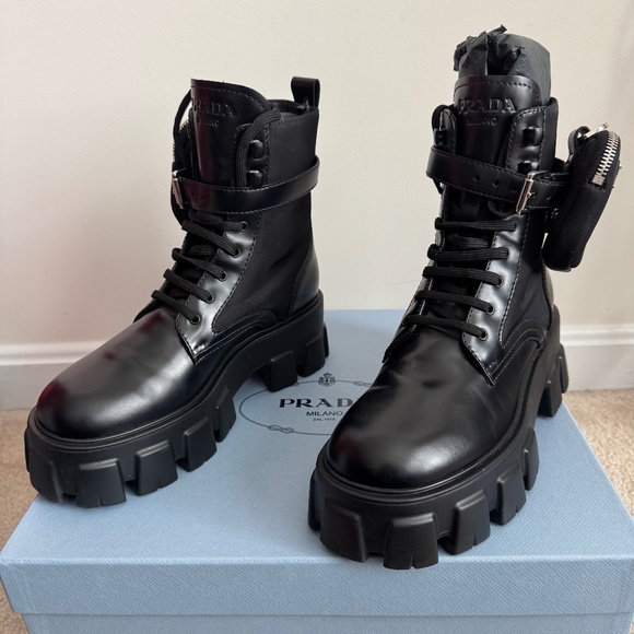 Prada Monolith Leather and Re-Nylon Boots Black Women's Size 37.5